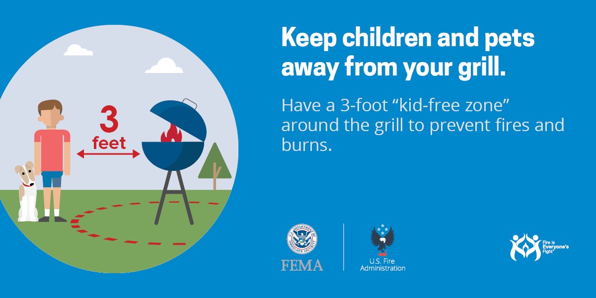Grilling this weekend? Keep the fire on your food!

Place your grill at least 10 feet away from siding, deck railings, and overhanging roof or branches.

Keep children and pets safe by having a 3-foot "no-go" zone around your grill.