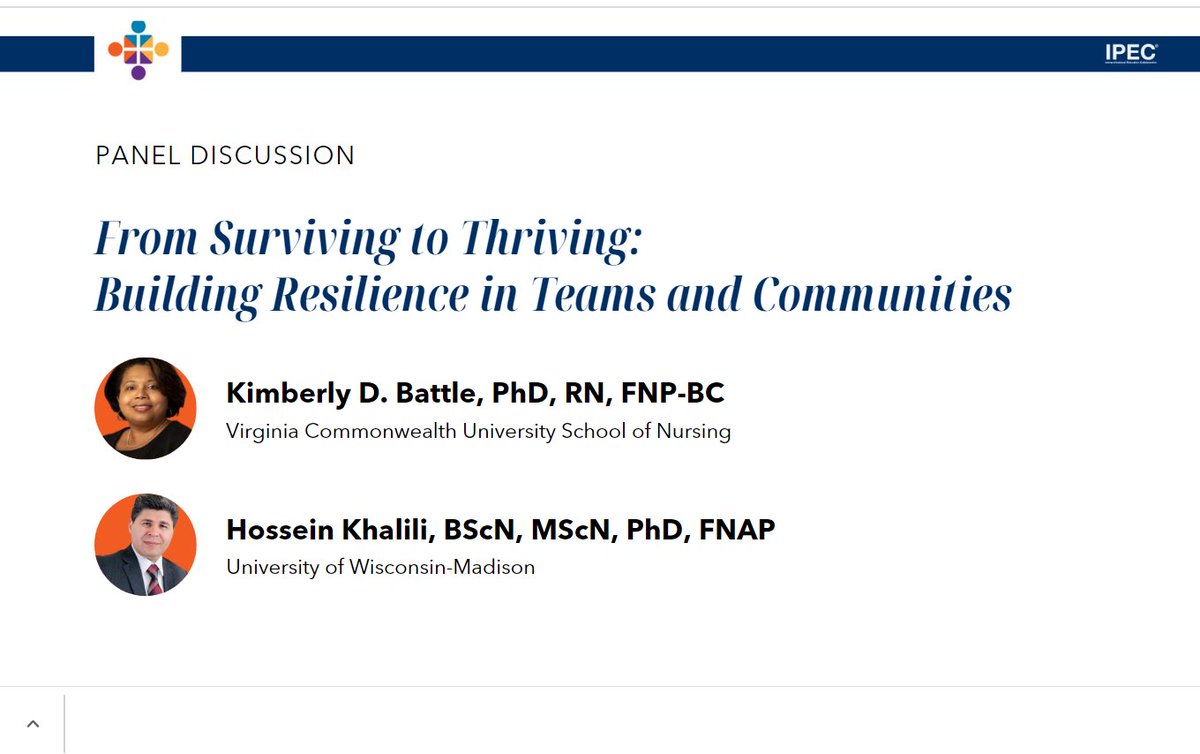 Hossein Khalili (@hkhalili1) on Twitter photo It was such an honor to be part of the <a href="/ipec_org/">IPECollaborative</a> Panel Discussion along with Dr. Kim Battle, an expert in healthcare wellness and resilience from VCU.
Such a great conversation about ‘Building Resilience in Teams and Communities. Thanks <a href="/ipec_org/">IPECollaborative</a> for the invitation. It was such an honor to be part of the <a href="/ipec_org/">IPECollaborative</a> Panel Discussion along with Dr. Kim Battle, an expert in healthcare wellness and resilience from VCU.
Such a great conversation about ‘Building Resilience in Teams and Communities. Thanks <a href="/ipec_org/">IPECollaborative</a> for the invitation.