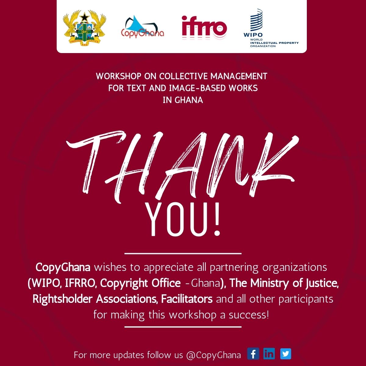 CopyGhana's tweet photo. Thank you for your kind support during our workshop. If you missed it, click here to view it https://t.co/zuaZkPlVia

#RRO #CMO #intellectualproperty  #Copyright #Authors #Publishers https://t.co/gTL4yrXOgo
