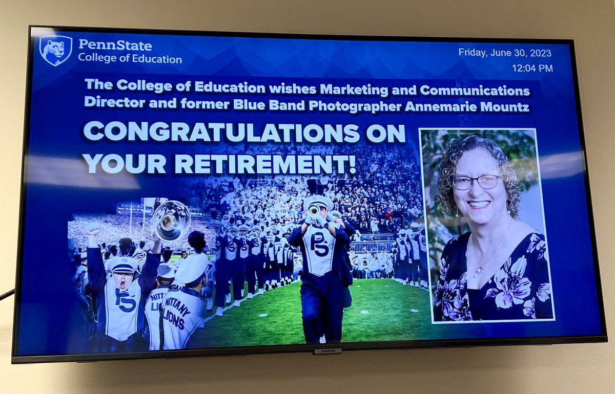 amountz's tweet image. Thanks, @BCox5503 for the digital sign sendoff on my last day as a @penn_state and @PSU_CollegeOfEd employee. Looking forward to all that retirement has to offer!