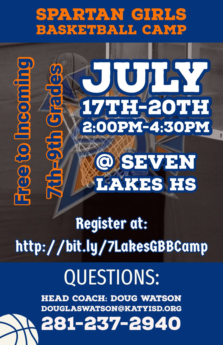 Attention incoming 7th, 8th and 9th graders: Come join us for a FREE camp July 17th - 20th at SLHS!  Register at : bit.ly/7LakesGBBCamp