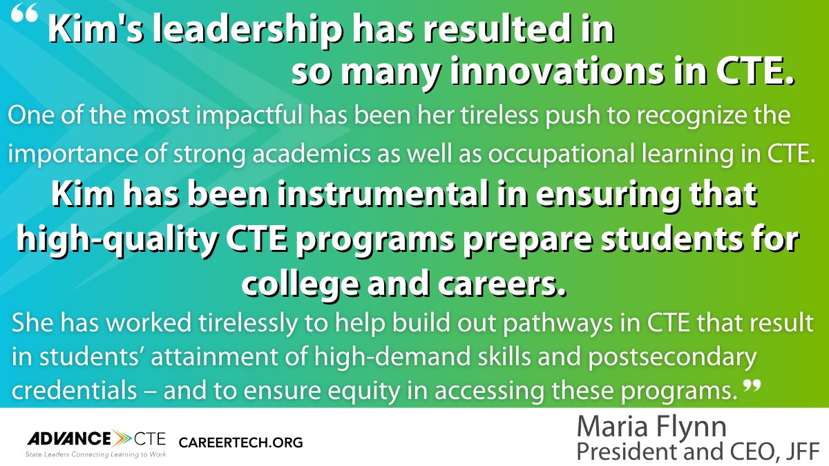 With initiatives like the National Career Clusters Framework and Without Limits: A Shared Vision for the Future of Career Technical Education, Kim has been a visionary and pioneer within the world of #CTE.
#CTEWorks #innovation #collegeandcareer https://t.co/WQyfGxOB0C