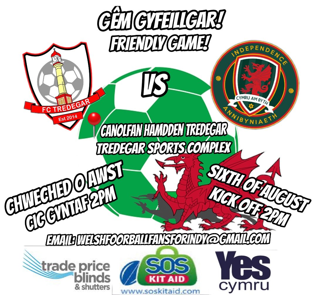 We are pleased to announce a game against <a href="/IndyWalesFans/">Welsh Football Fans for Independence</a> to be played in August at Tredegar Sports Complex. Hoping for another great occasion like thier game vs Matabeleland. Come along to show your support. Cymru rydd! 🏴󠁧󠁢󠁷󠁬󠁳󠁿 <a href="/YesCymru/">YesCymru</a> <a href="/yesblaenaugwent/">Yes Cymru Blaenau Gwent</a>