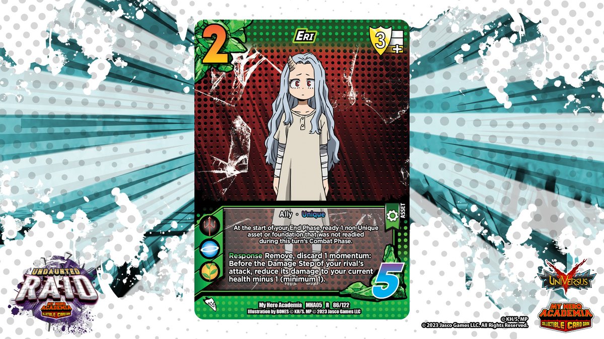UniVersusCCG's tweet photo. Eri's Rewind quirk can heal wounds and restore anyone she touches! Eri can ready your committed foundations to give you an extra boost, as well as help you hang onto a game where all hope seems lost!

You Can Be A Hero with #MyHeroAcademia CCG: Undaunted Raid! Out in stores now! https://t.co/r8UuEeBmHI