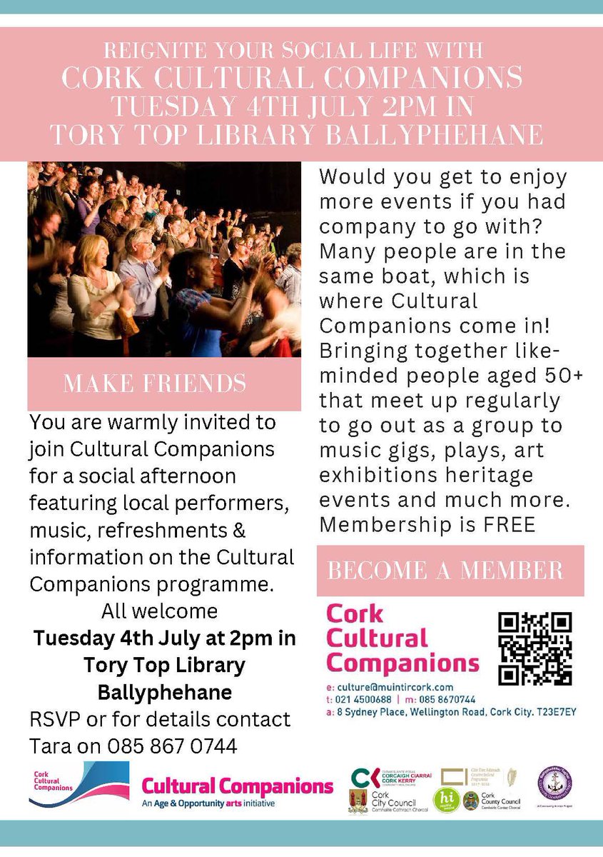 lantern_cork's tweet photo. CULTURAL COMPANIONS CORK
You may be interested 
 
Invitation &amp; information for events at Blackpool &amp; Ballyphehane Libraries 

So, if you're aged 55 or over and want to connect with like-minded folks while experiencing the best of Cork's cultural scene

https://t.co/XRjWRm9OFO https://t.co/K61cfVmfF1