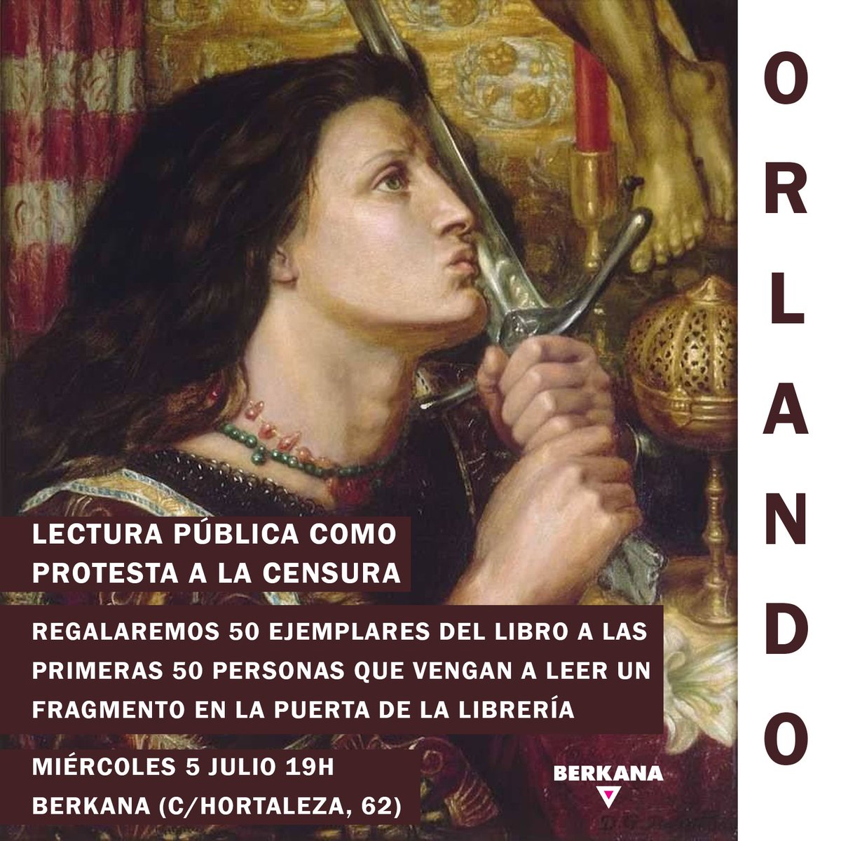 🎙️Ante la censura de "Orlando", en Berkana hemos organizado una lectura pública del libro de Virginia Woolf en la puerta de la librería. 

🗓️5 de julio a las 19h.

📚Regalaremos un ejemplar a las primeras 50 personas que se animen a leer.

❌¡Ante su censura, nuestras lecturas!