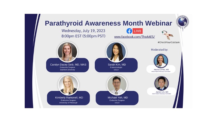 American Association of Endocrine Surgeons (@theaaes) on Twitter photo Join us for the Parathyroid Awareness Month Webinar at 8:00 PM EST (7:00 PM CST; 6:00 PM MST; 5:00 PM PST) on Wednesday July 19, 2023. Our expert panel will answer questions on Facebook Live Join us for the Parathyroid Awareness Month Webinar at 8:00 PM EST (7:00 PM CST; 6:00 PM MST; 5:00 PM PST) on Wednesday July 19, 2023. Our expert panel will answer questions on Facebook Live
