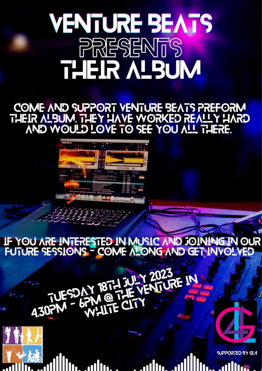 As part of their weekly 'Beats' music sessions our young people have been working really hard to produce their own album! They would love people to come and watch their live album launch - here's their poster to tell you all about it <a href="/GL4_CIC/">GL4 CIC</a>