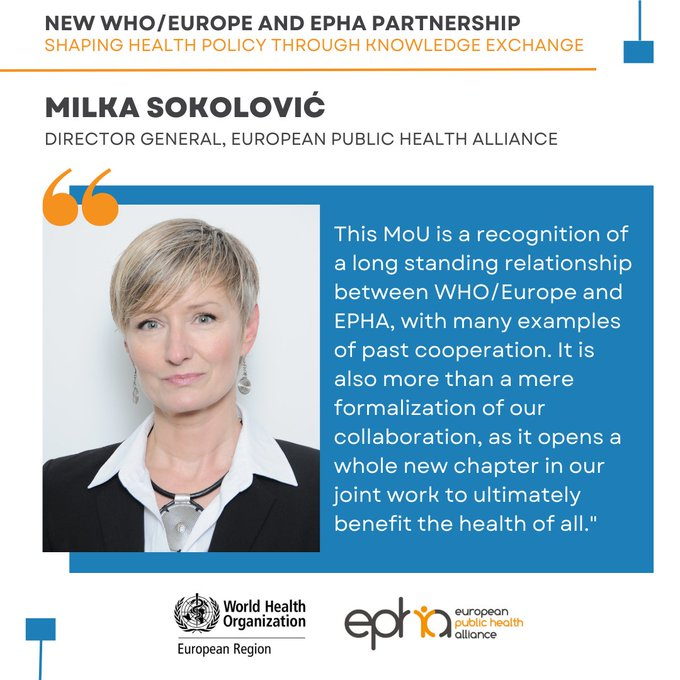 @milkasklvc @WHO_Europe @EPHA_EU @RaymondGemen @RosaCastroB @CaleLawlor @h_madda @HealthEuropa @SashaSklvc @ENLP_Lead @EU_Health @HealthFirstEU @PaulJBelcher @OxanaDomenti @WHOatEU @ClementineRichr @AlbaGilCa @FilipKaran @TomasdeJong @EHUInitiative @2030Nordic @MHESME @OECD_Social @DorliKahr @CZacharopoulou @EUPHActs @EFPIA @mika_salminen @IlonaKickbusch @davidnabarro @LSEHealthPolicy @HealthPolicyW @SandraGallina @SKyriakidesEU @WHO_Europe's MoU with @EPHA_EU opens a new chapter for better health in Europe. Our partnership seeks to shape health policy on multiple fronts, bringing communities together with health actors to better reflect and respond to lived realities. who.int/europe/news/it… 6/