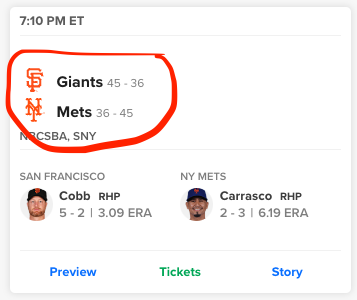 bymsj's tweet photo. My cousin in San Francisco noted earlier this year when the Mets were in S.F. that the teams had almost exact inverse records (Mets 14-7; Giants 6-13).

It's happening again, but now they've flipped positions. https://t.co/DdGpMXoWHC
