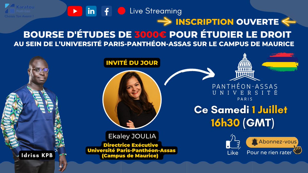#AssasInternationalMauritius
Join us tomorrow at 16:30 GMT for an exclusive live session featuring Ekaley Joulia, the Executive Director of Assas International in #Mauritius (<a href="/AssasUniversite/">Panthéon-Assas université</a> ), and Idriss Laouli Abdou from <a href="/KaratouPostBac/">Karatou Post bac</a>.
