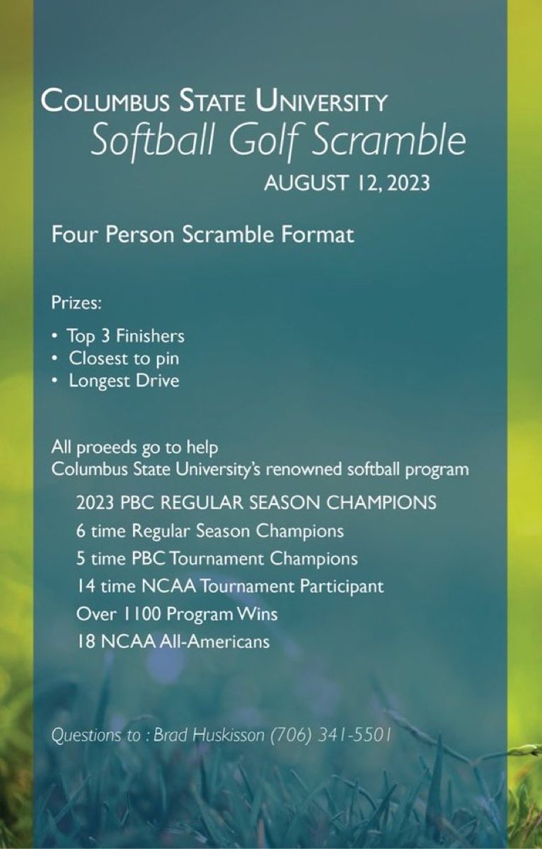 CSUCougarsSB's tweet photo. It’s time to tee it up for your Cougars. 

Below is information about our annual golf scramble. All monies go towards buying gear such as balls, bats, cleats, and much more for the team. 

See a coach or player for more details. https://t.co/xFUOQgUY1G