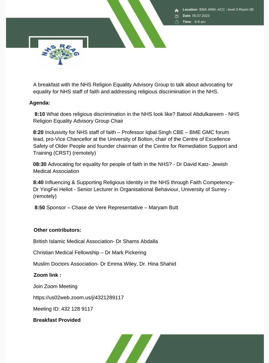 NHS Religion Equality Advisory Group (@nhsgroup) on Twitter photo Join us for breakfast and a conversation about equality and inclusivity for NHS staff of faith <a href="/TheBMA/">The BMA</a> ARM. <a href="/BritishSikhDocs/">British Sikh Doctors Organisation</a> <a href="/BritishIMA/">British Islamic Medical Association</a> <a href="/UK_CMF/">CMF</a> Jewish Medical Association <a href="/Muslimdoctors/">Muslim Doctors Association</a> <a href="/SikhDoctorAssoc/">Sikh Doctors Association</a> hosting <a href="/profiqbalsingh/">Prof Iqbal Singh CBE</a> and Dr. YingFei Heliot. 5/7 8-9 am level 3 room 3B Join us for breakfast and a conversation about equality and inclusivity for NHS staff of faith <a href="/TheBMA/">The BMA</a> ARM. <a href="/BritishSikhDocs/">British Sikh Doctors Organisation</a> <a href="/BritishIMA/">British Islamic Medical Association</a> <a href="/UK_CMF/">CMF</a> Jewish Medical Association <a href="/Muslimdoctors/">Muslim Doctors Association</a> <a href="/SikhDoctorAssoc/">Sikh Doctors Association</a> hosting <a href="/profiqbalsingh/">Prof Iqbal Singh CBE</a> and Dr. YingFei Heliot. 5/7 8-9 am level 3 room 3B