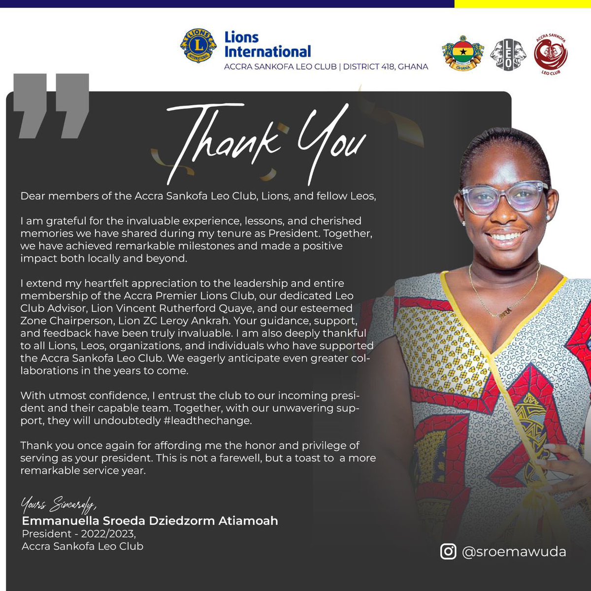 accra_sankofa's tweet photo. It’s the last day of the service year and here is a message from our Outgoing Leo Club President, Leo Emmanuella Sroeda Dziedzorm Atiamoah @she_anglophile 

We serve ❤️ https://t.co/CG93RUaSXE