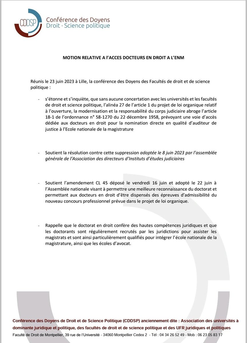 Résolution de la <a href="/cddsp/">CDDSP</a> contre la suppression de la voie d'accès à la magistrature pour les docteurs en droit. Rappel que les Dr en droit sont hautement qualifiés et que comme les autres, ils apprendront le métier à l'ENM. 
Pour la diversité des profils dans la magistrature!