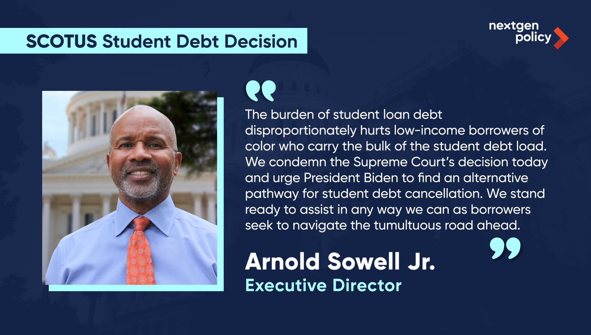 NextGen_Policy's tweet photo. We are deeply disappointed &amp; frankly heartbroken – the #SCOTUS ruling will keep millions of Americans saddled with student loan debt &amp; unable to realize the American dream. 💔🎓 We urge @POTUS to continue to work to #CancelStudentDebt!

Our full statement: https://t.co/y8KIPPp1pq https://t.co/d57pnShSyR