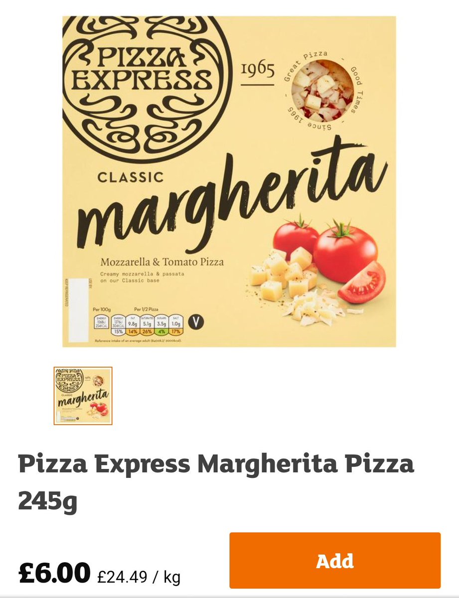 Schmee17's tweet photo. I was about to buy 2 small pizzas for dinner from Sainsbury's.. Apparently not! @PizzaExpress I hope for this price, you'd be sending someone to cook it for me too?! It's dough, tomato paste and a bit of mozerella?! 🤣🤭 https://t.co/P0s58gQFz5