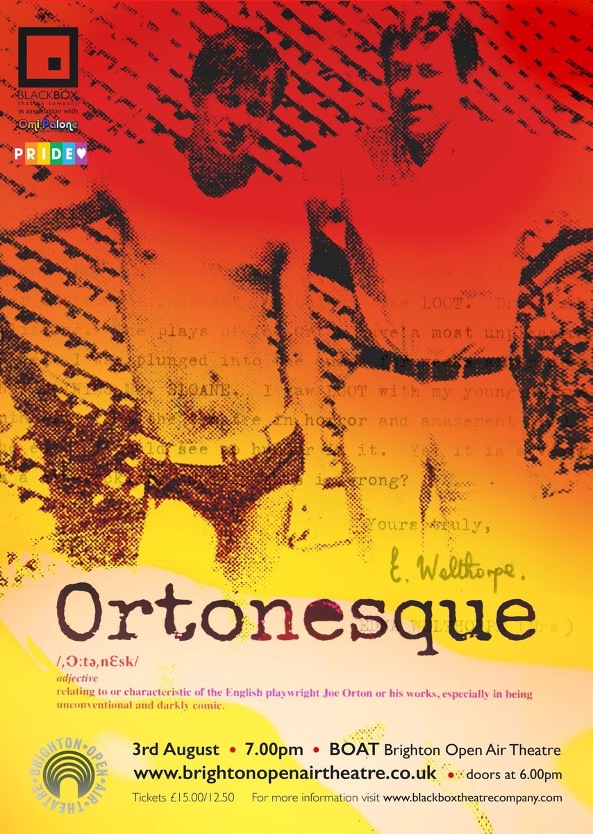 Our first performance is less than FIVE WEEKS away!!

Get your tickets to see us at @BOATheatre at 7pm on 3 Aug here: brightonopenairtheatre.co.uk/event/ortonesq…

#theatre #lgbttheatre #lgbtqtheatre #lgbt #lgbtq #ortonesque #joeorton #kennethhalliwell #brightonopenairtheatre #whatsonbrighton