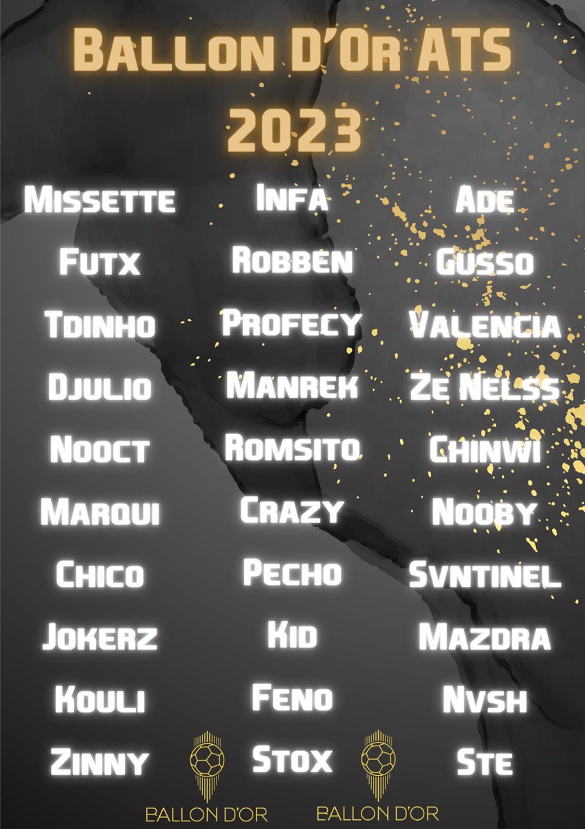 Kyoshir (@the_kyoshir) on Twitter photo Le Grand Vainqueur du Ballon d'or ATS est dans cette liste ! Bravo aux 30 Nommés, rendez vous Dimanche 21h pour le final de la Saison ! Le Grand Vainqueur du Ballon d'or ATS est dans cette liste ! Bravo aux 30 Nommés, rendez vous Dimanche 21h pour le final de la Saison !
