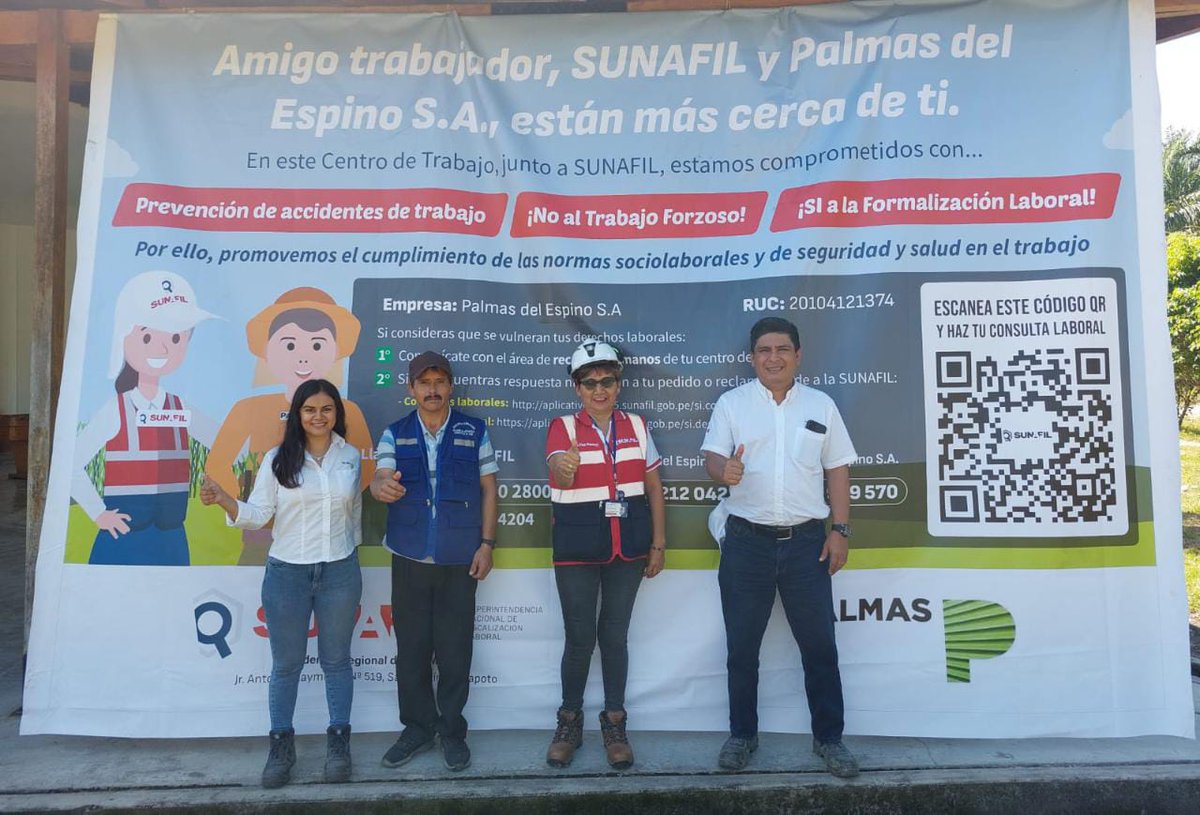 SunafilPeru's tweet photo. 📍 En #SanMartín, como parte de la estrategia de difusión de los canales de atención y denuncia laboral de la #Sunafil, logramos establecer una alianza con Industrias del Espino S. A. y Palmas del Espino S. A., para instalar nuestros carteles informativos #Infochamba.🪧 https://t.co/ep5uxE5Rlq