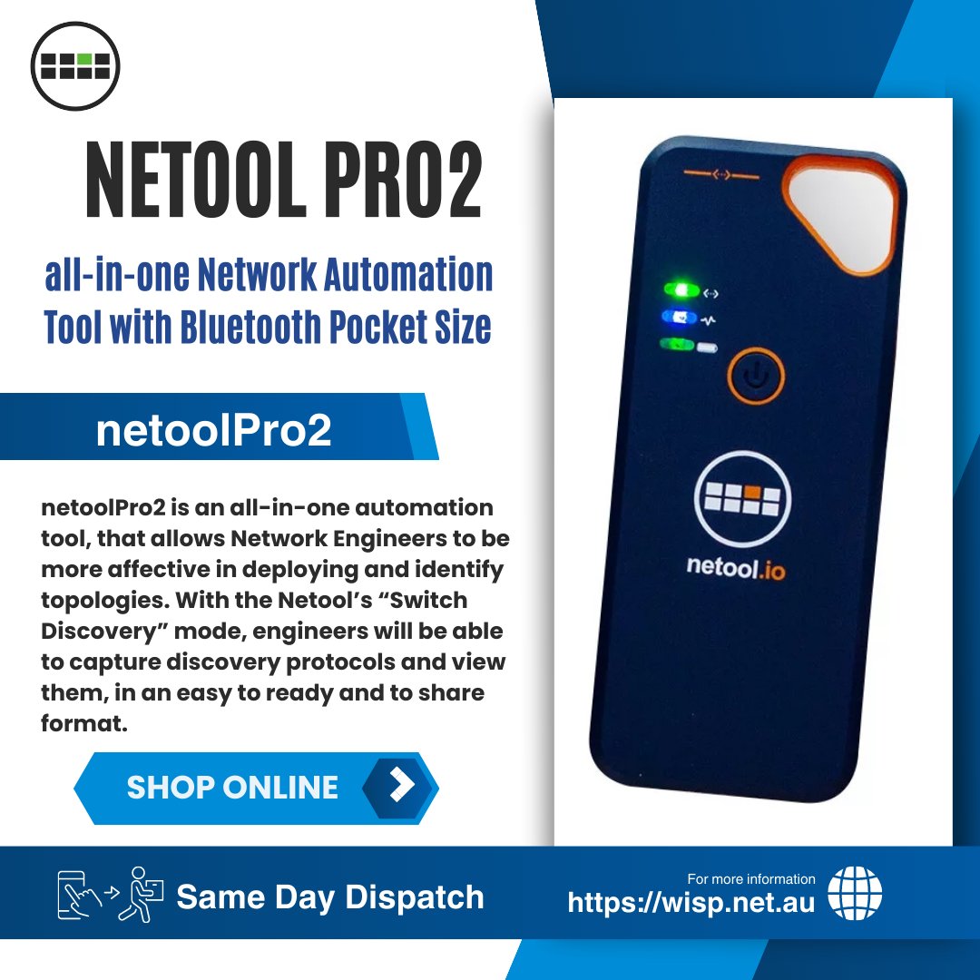 wispaustralia's tweet image. #NetoolPro2 🆕🛒
📢 Attention network professionals! Simplify your network troubleshooting with the Netool Pro2, the all-in-one Network Automation Tool.
✔ Visit wisp.net.au/netoolPro2.html to learn more and
#NetworkAutomation #NetworkTesting #WISP #australia #sydney