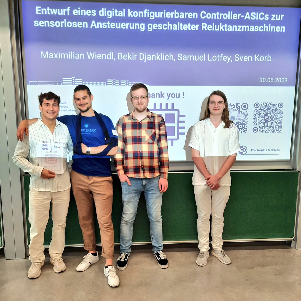 ElectronicsDrv's tweet image. 66. MPC-Workshop an der @THU_Ulm: Best Paper Award für unser #Master-Projektteam @EDRT_RIDE für seinen Beitrag zur Entwicklungen eines digital konfigurierbaren  ASICs zur Ansteuerung geschalteter Reluktanzmotoren. Herzlichen Glückwunsch! 
#Mikroelektronik @HS_Reutlingen
