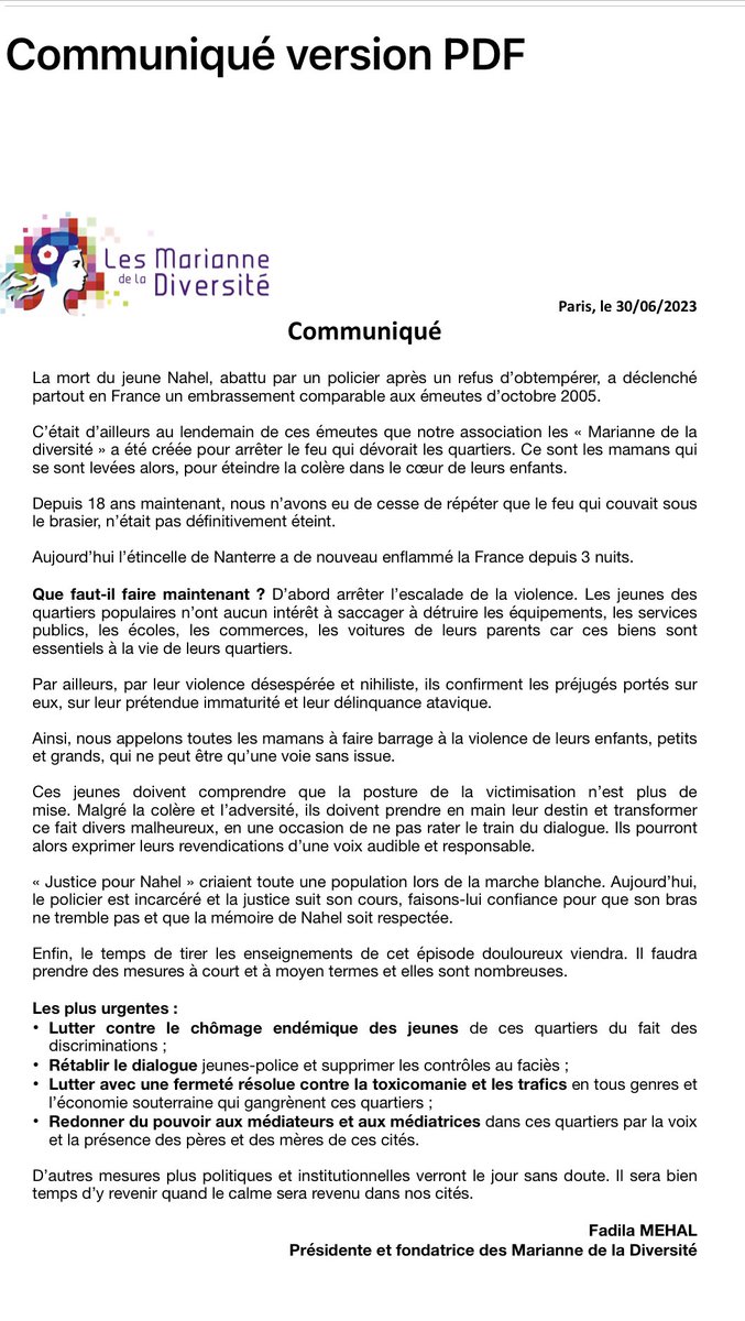 J’appelle tous les parents  à éteindre le feu qui couve dans le cœur de leurs enfants. 
La violence nihiliste est une impasse. Seul , le dialogue nous sortira de cette crise qui mine notre pacte républicain.