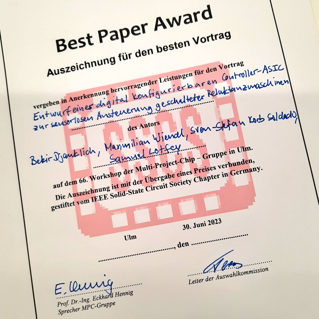 ElectronicsDrv's tweet image. 66. MPC-Workshop an der @THU_Ulm: Best Paper Award für unser #Master-Projektteam @EDRT_RIDE für seinen Beitrag zur Entwicklungen eines digital konfigurierbaren  ASICs zur Ansteuerung geschalteter Reluktanzmotoren. Herzlichen Glückwunsch! 
#Mikroelektronik @HS_Reutlingen
