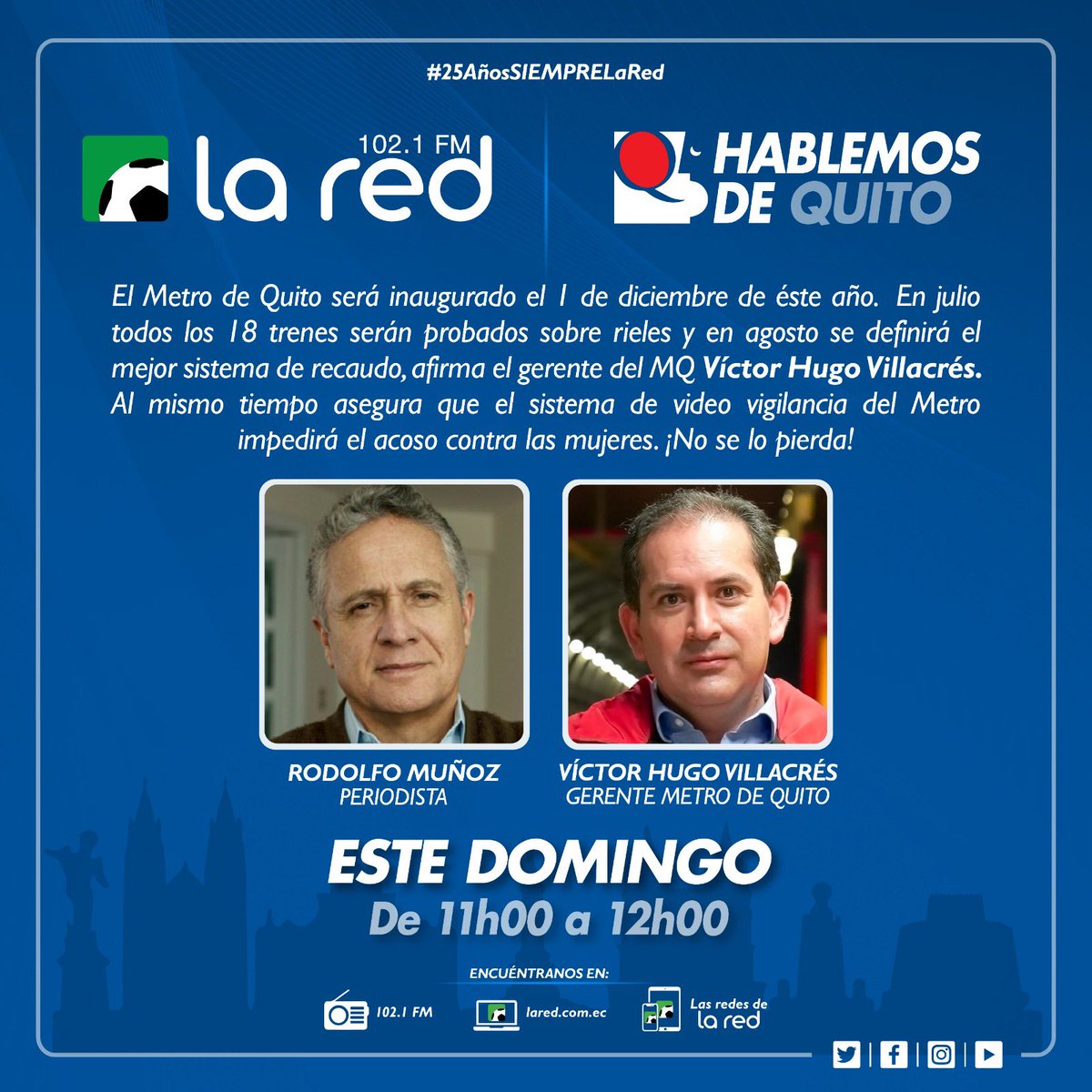 Por el Tour de Francia, esta semana Hablemos de Quito se transmitirá a las 11h00. Los invitamos a escuchar al gerente general del Metro de Quito, Víctor Hugo Villacrés, quien hace anuncios muy importantes. 

#metrodequito 
#tourdefrancia 
#movilidadsostenible