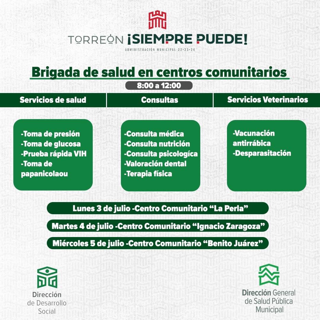 Te compartimos el calendario de brigadas de salud que tendremos en los Centros Comunitarios.

Próximo lunes, martes y miércoles en un horario de ⏰ 8:00 a 12:00 horas. 

• Centro Comunitario La Perla 
• Centro Comunitario Ignacio Zaragoza 
• Centro Comunitario Benito Juárez