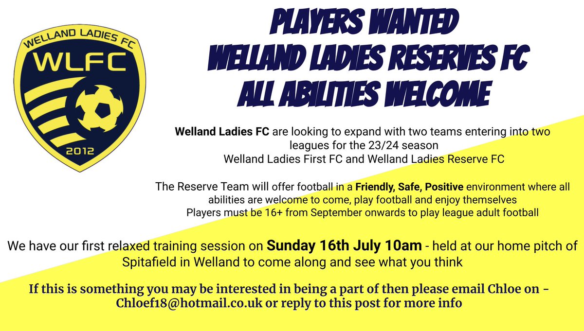 **Players Wanted** If you want to be part of a club with community values that makes football as accessible as possible to women, whether you are looking for a competitive team or a fun, social group, run by a great team of coaches then look no further and get in touch ⚽️💙💛