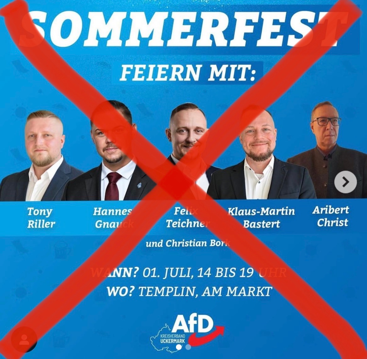 s_unteilbar's tweet image. Volle #Solidarität für morgen geht an die zivilgesellschaftliche Veranstaltung in #Templin, als Statement und Kontrast zum zeitgleichen „Sommerfest“ der AfD. #TemplinBekenntFarbe #TemplinZeigtGesicht #demokratischeAnsprechBAR #unteilbar #wirsindmehr #Templin0107