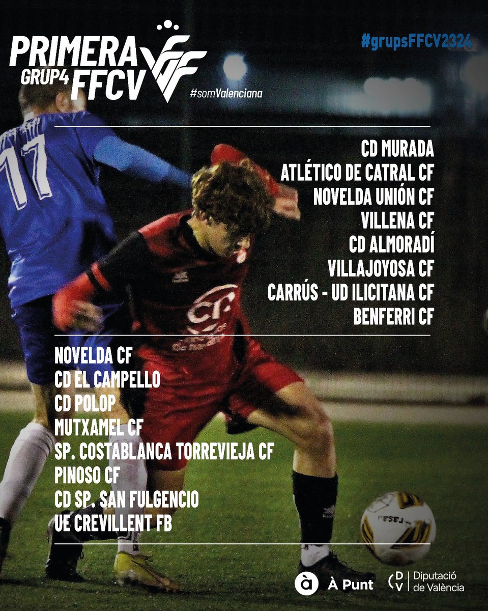 FUTBOL |

🥇 Estos son los 4️⃣ grupos de la #PrimeraFFCV  🤩

🔜 Comenzará el 9/10 de septiembre 

#SomFutbol #GrupsFFCV2324