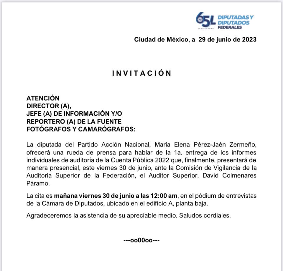 #ÚltimasNoticias
Este viernes, finalmente, el Auditor Superior de la Federación ⁦@ASF_Mexico⁩, David Colmenares, se presentará en Cámara de Diputados ante Comisión de Vigilancia de la ASF, para hacer la 1a. entrega de la Cuenta Pública 2022. Previo a esto,daré conferencia👇