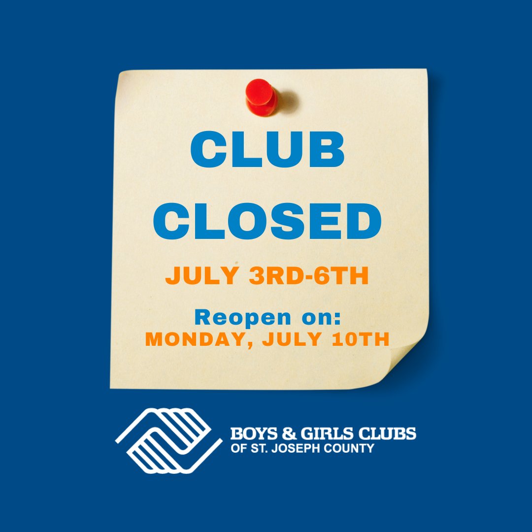 Friendly reminder Club will be CLOSED next week July 3rd-6th in observance of Independence Day. We will resume normal summer programming on Monday, July 10th, 2023.

If you have any questions, please feel free to contact us.
