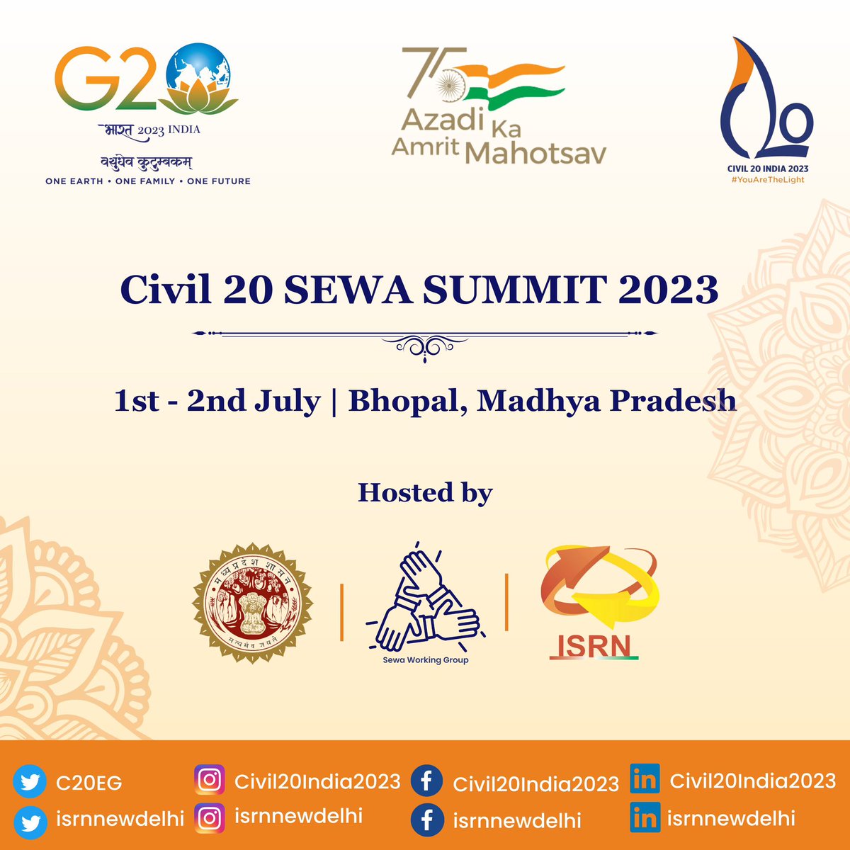 C20 WG on Sewa-Sense of Service, Philanthropy and Volunteerism is holding its summit in Bhopal, Madhya Pradesh on 1-2 July.

#Civil20India2023 #YouAreTheLight