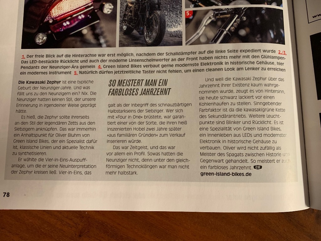 Wir freuen uns über den Bericht in der „Custombike“ mit einem klasse Kompliment...
" Green Island Bikes wird nicht zufällig als Meister des Spagats zwischen Gegenwart und Historie gehandelt " 
green-island-bikes.de
green-island-bikes.com