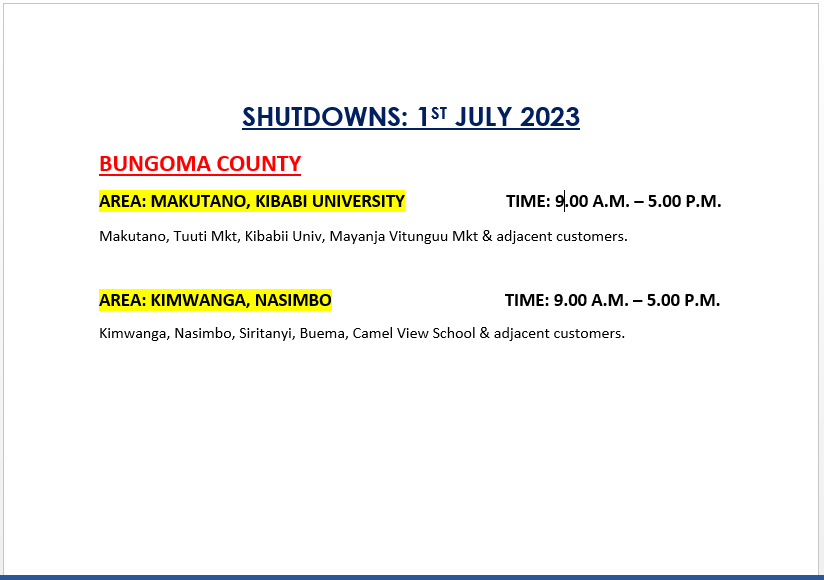KenyaPower_Care's tweet photo. Hello. Please be advised, the following areas will be under scheduled maintenance tomorrow 01.07.2023 and as such may have power interruptions. ^DB https://t.co/ZRCfaucWsl