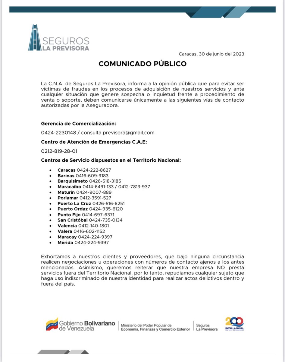 #ComunicadoPúblico #Comunicado #30Jun #SegurosLaPrevisora #Venezuela #Caracas #Colombia