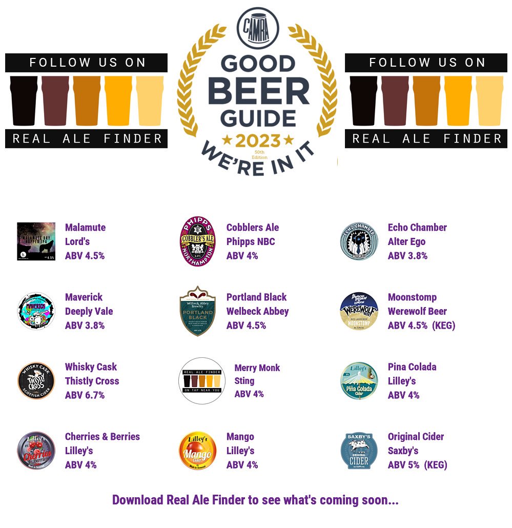 beer_under's tweet image. On the bar today!
Beer Board: bit.ly/3n1eNM2
#goodbeerguide @CAMRA_Official @lordsbrewing @PhippsNBC @alteregobrewco @DeeplyVBrewery @WelbeckAbbeyBry @WerewolfBeer @ThistlyCross  @lilleyscider @saxbyscider 
#RealAleFinder