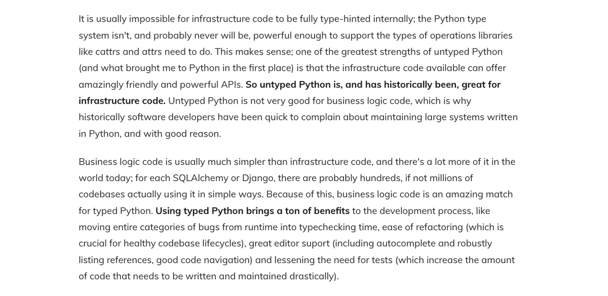 charles_irl's tweet photo. I keep coming back to the "Python is Two Languages Now" article by @tintvrtkovic from February. It has durably changed my thoughts about types and about Python, two things I think about a lot!

https://t.co/YQVOJMIOQ4 https://t.co/p2tEMbgWNV