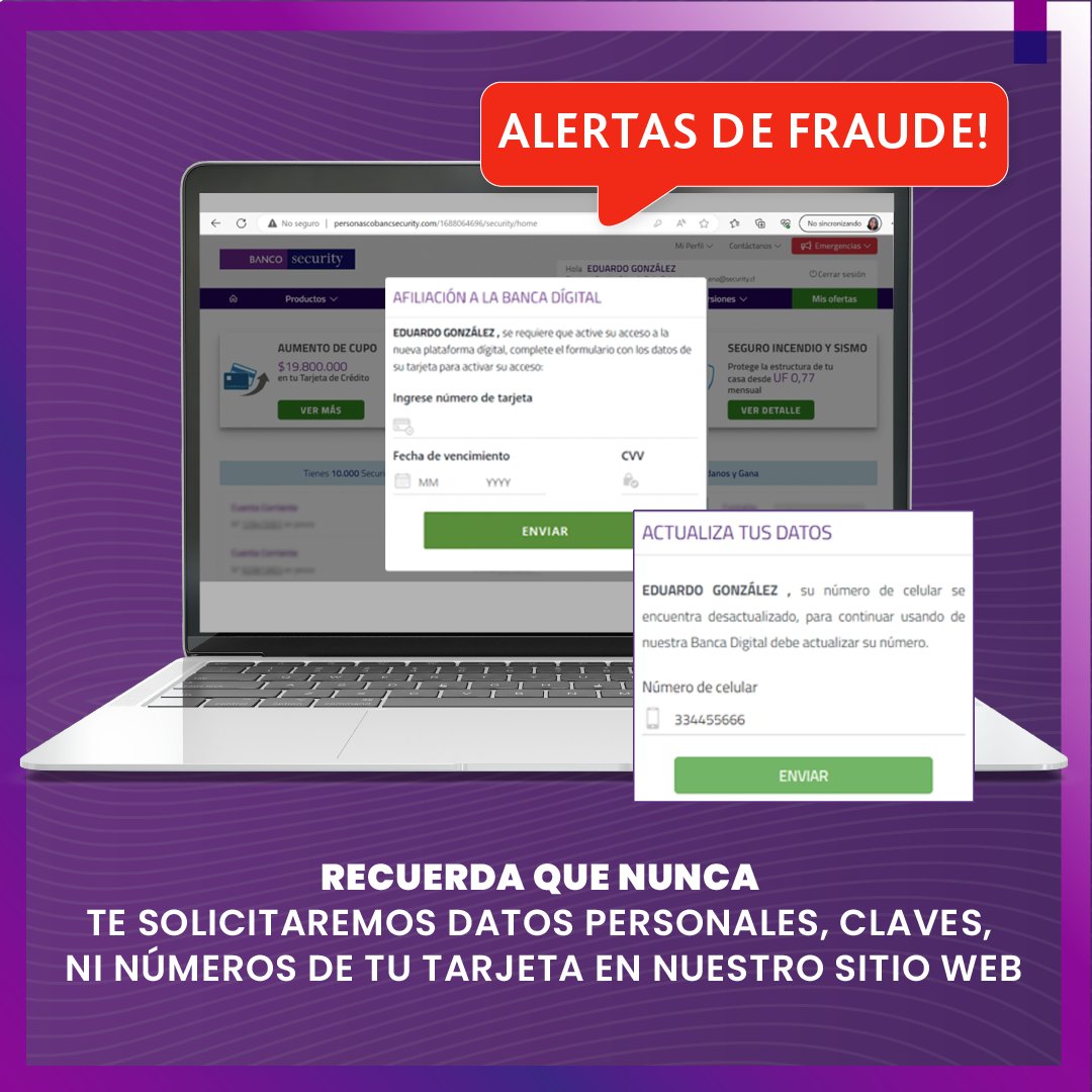 🔒 Protege tus datos, protege tu tranquilidad. En Banco Security, tu seguridad es prioridad. Recuerda que nunca te solicitaremos datos personales, claves o números de tu Tarjeta en nuestro sitio web. 🚫📝❌  #JuntosEvitemosFraudes #OperaSeguro #ProtegeTusDatos