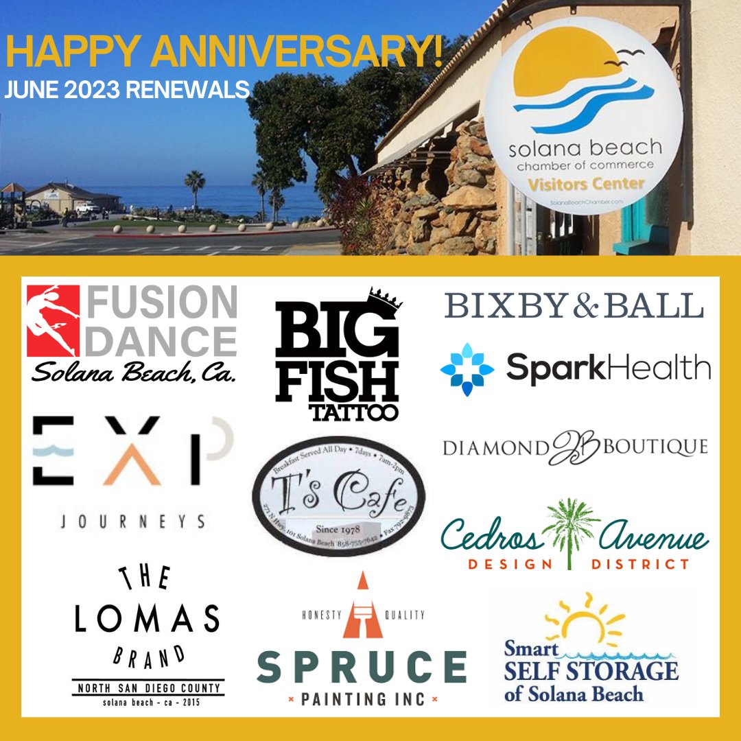 SolanaChamber's tweet photo. Happy Anniversary with us at the Solana Beach Chamber!

Big Fish Tattoo
Bixby &amp; Ball
Diamond Boutique
EXP Journeys
Fusion Dance
Smart Self Storage
Spark Health
South Cedros Property Owners
Spruce Painting Inc
T's Cafe
The Lomas Brand

#Anniversary #ShopSolanaBeach #ShopLocal https://t.co/4QC5scxla6