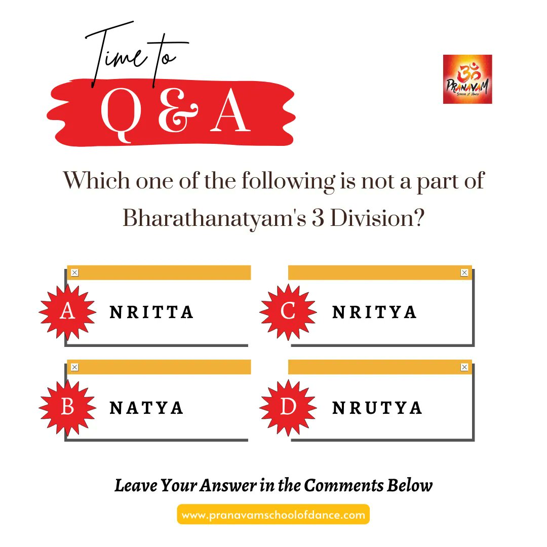 Hello Everyone👋

We are back with another question..

Which one of the following is not a part of Bharathanatyam's 3 Division? ❓

Post your answer in the comments section! 👇🏼

.

.

.

PDS #PranavamDanceSchool #Bharathanatyam #Danceschool #Danceclasses #bollywooddance #question