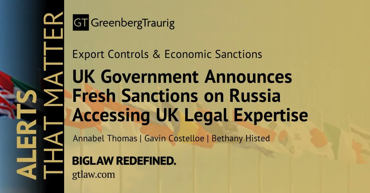 On 29 June 2023, the UK Government announced new legislation prohibiting the provision of legal advisory services to non-UK persons in relation to certain financial or trade activity which would be prohibited under the UK Russian sanctions regime. buff.ly/3Xu1g0R