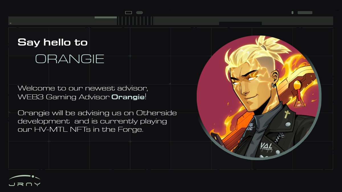 Please welcome <a href="/orangie/">Orangie</a> to the JRNY Club advisory board!

We finished out day 1 in the Forge in 1ST PLACE 🔥

Orangie is a web3 esports creator with current focus on <a href="/yugalabs/">Yuga Labs</a> games. He will be advising us on Otherside development to ensure we get the most out of our 1% position