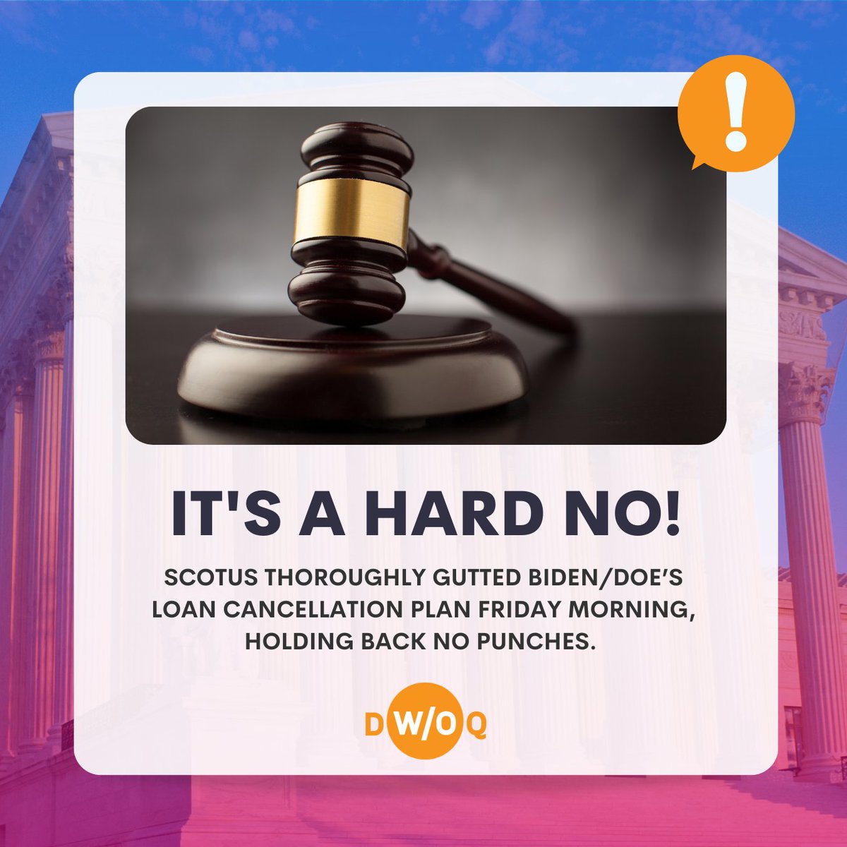 docswoquarters's tweet photo. SCOTUS rejects Biden's loan cancellation plan, deeming it an overreach of executive power. Read the full update at https://t.co/B0W3k2M6NJ 

#DWOQ #tildebtdousapart #BidenLoanCancellation #SCOTUSDecision https://t.co/Z5hWjNgQcV