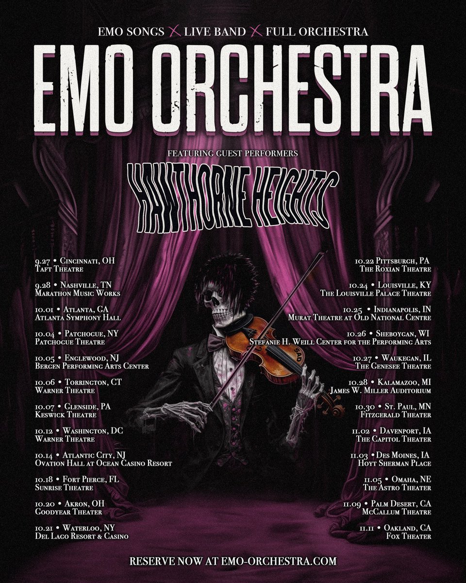 Emo Orchestra (@emo_orchestra) on Twitter photo Tickets are on-sale now for the EMO ORCHESTRA Fall Tour!
Join us in your city with <a href="/HawthorneHgts/">Hawthorne Heights</a> AND a full orchestra arrangement, as they cover some of your all-time favorite Emo songs. 🎻🖤 Get more info & reserve your tickets & VIP now at Emo-orchestra.com Tickets are on-sale now for the EMO ORCHESTRA Fall Tour!
Join us in your city with <a href="/HawthorneHgts/">Hawthorne Heights</a> AND a full orchestra arrangement, as they cover some of your all-time favorite Emo songs. 🎻🖤 Get more info & reserve your tickets & VIP now at Emo-orchestra.com