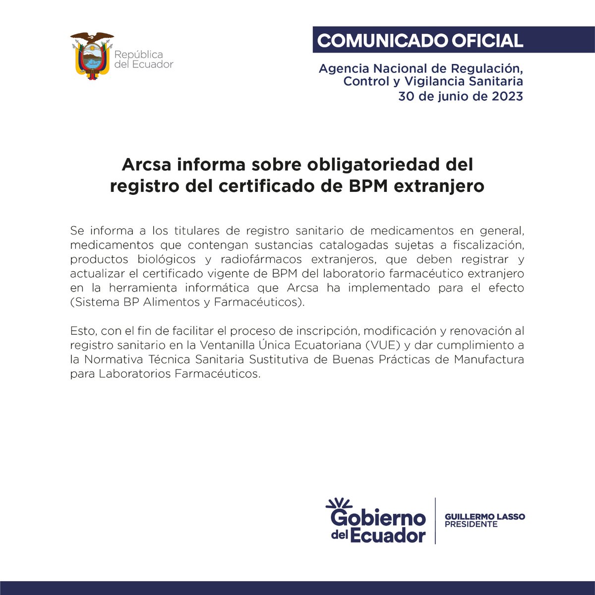 Arcsa_Ec's tweet photo. #ComunicadoArcsa 📃 | Compartimos información importante sobre el registro de Certificado BPM de Laboratorio Farmacéutico Extranjero. ✅💊

Conozca cómo realizar este proceso aquí ➡️ https://t.co/cKAb0huRFk

#ArcsaTeCuida 🇪🇨 https://t.co/bTIehbSUQu