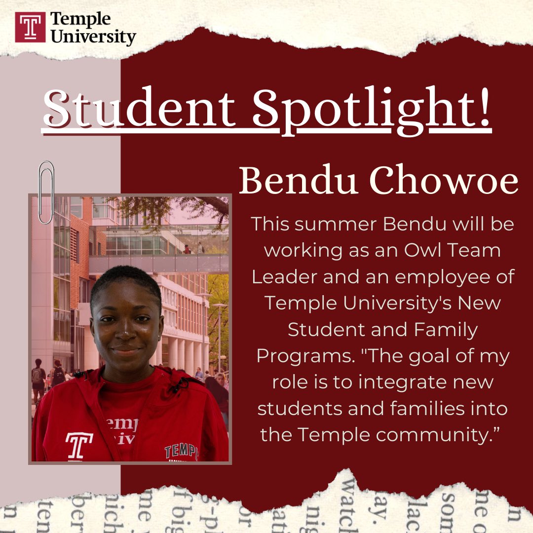 TempleRegistrar's tweet image. It's time for our #StudentSpotlight🌟! We will be sharing our student workers summer experiences, starting with Bendu Chowoe!🦉🍒#templeuniversity #cherryon #owlseverywhere

Read about her full summer experience here: veterans.temple.edu/news/2023/06/s… !